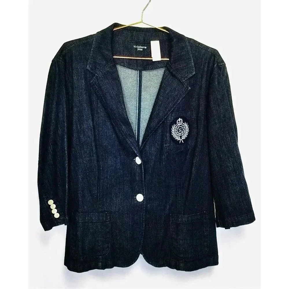 Vintage Liz Claiborne Womens Blue Two-Button Denim Jean Jacket Dark Wash Size 3X